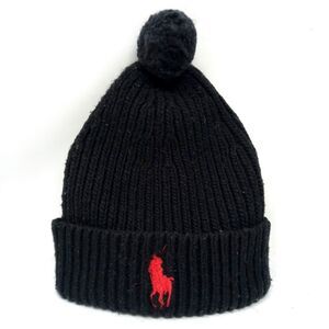 Polo Ralph Lauren Beanie Hat Lambswool Blend Knit Embroidered Pony Cuff Pom Pom